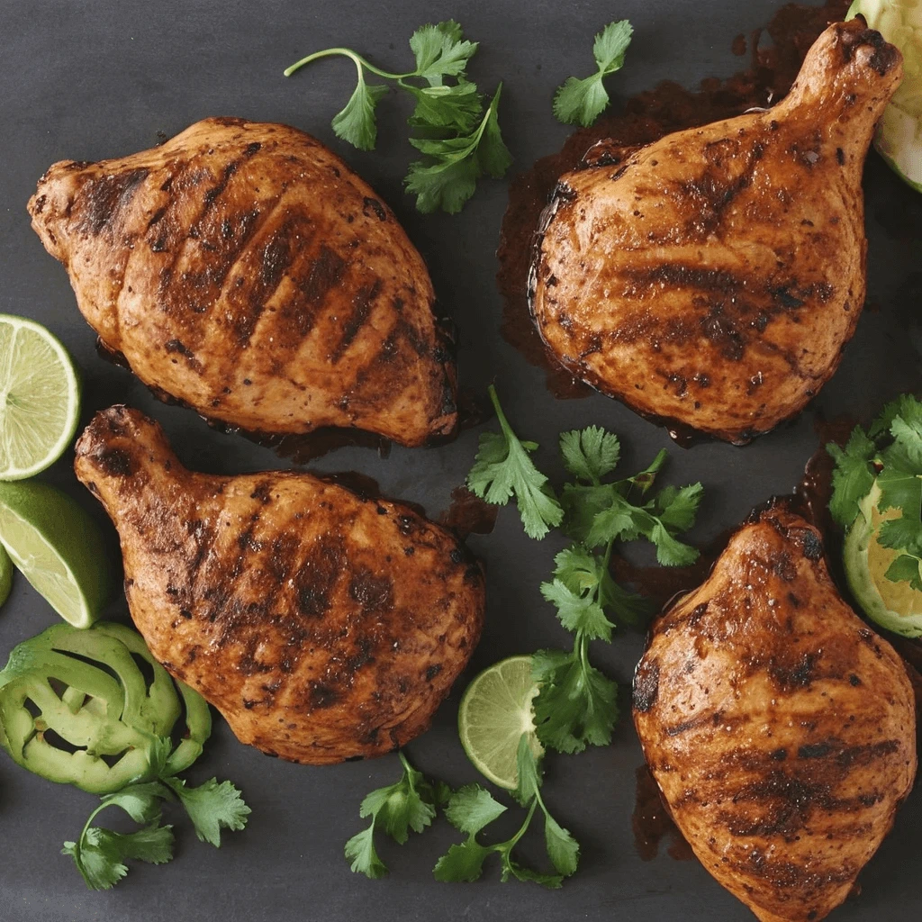 Grilled chicken thighs served with fresh cilantro, lime wedges, and sliced jalapeños on a slate plate.