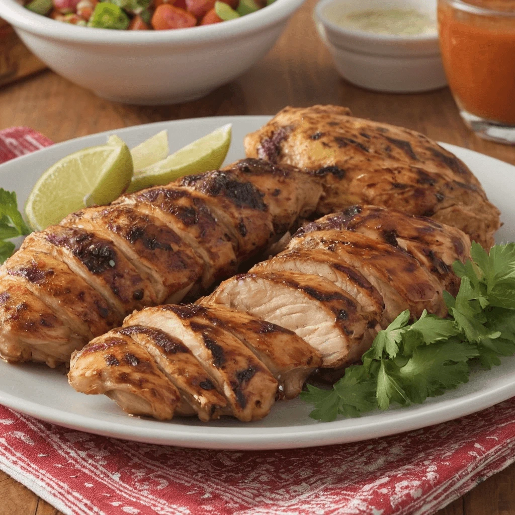 Sliced grilled chicken marinated in San Antonio Mexican spices, garnished with lime and cilantro.