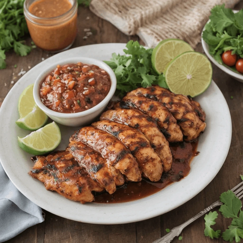 Grilled chicken with San Antonio Mexican marinade served with fresh lime and salsa