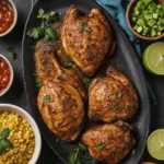 Marinated grilled chicken legs served on a black platter, garnished with fresh cilantro, with sides of salsa, avocado, lime, and corn in bowls.