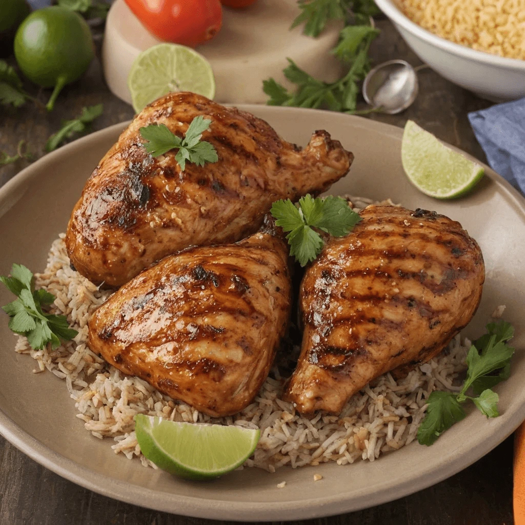 Three grilled chicken legs served on a bed of seasoned rice, garnished with cilantro and lime wedges, with fresh ingredients in the background.