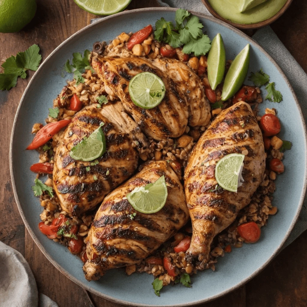 A plate of grilled chicken breasts garnished with lime slices and fresh cilantro, served over a bed of grains, cherry tomatoes, and beans.