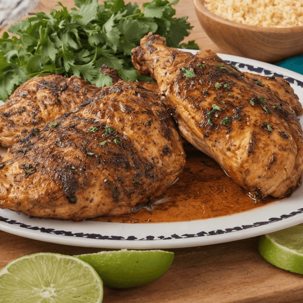 Grilled chicken breasts and legs coated in a flavorful glaze, garnished with fresh cilantro, served on a patterned plate with lime wedges and cilantro in the background.