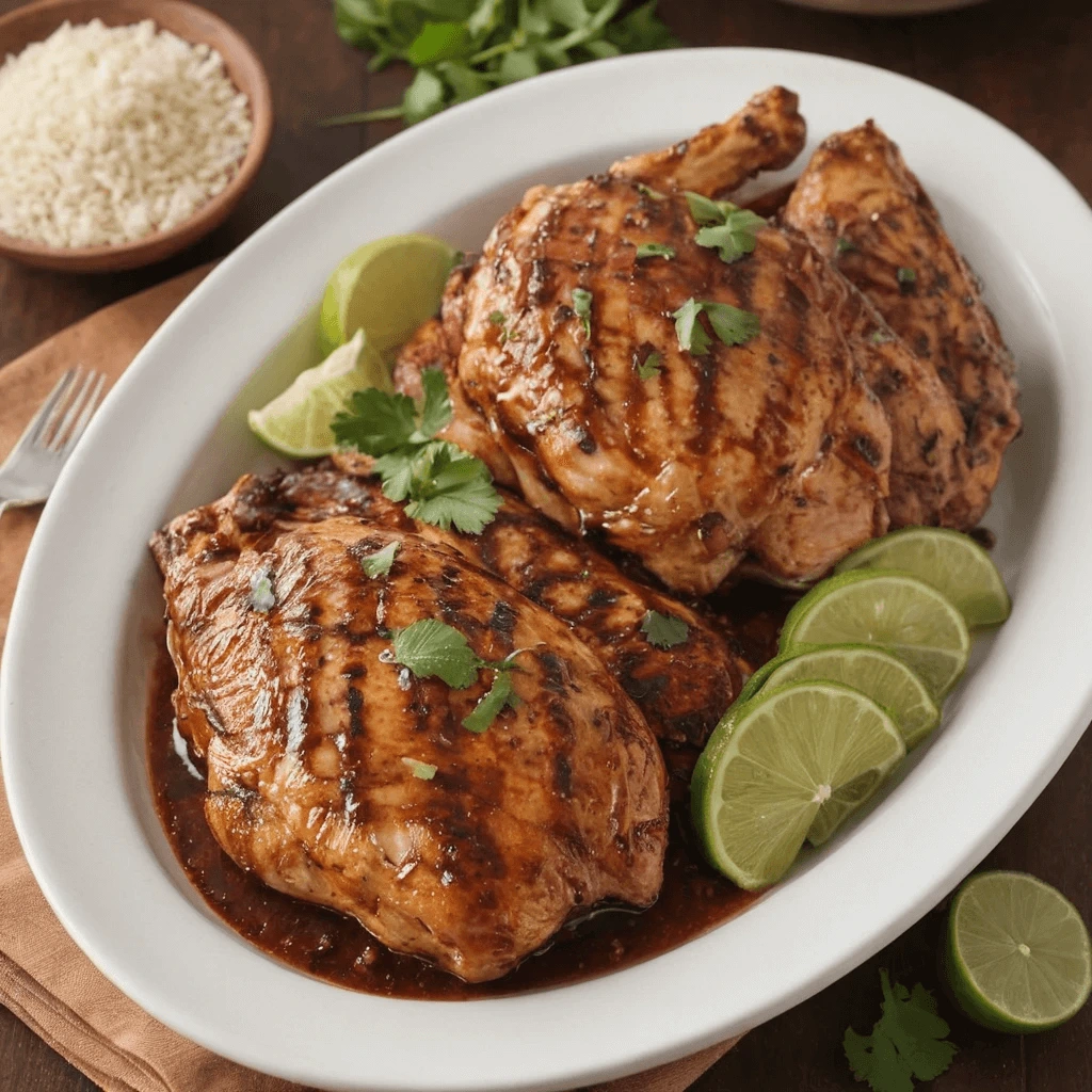 A white oval platter featuring San Antonio-style grilled Mexican chicken breasts marinated in a rich, flavorful sauce, garnished with fresh cilantro and lime slices. A small bowl of rice and fresh herbs are visible in the background.