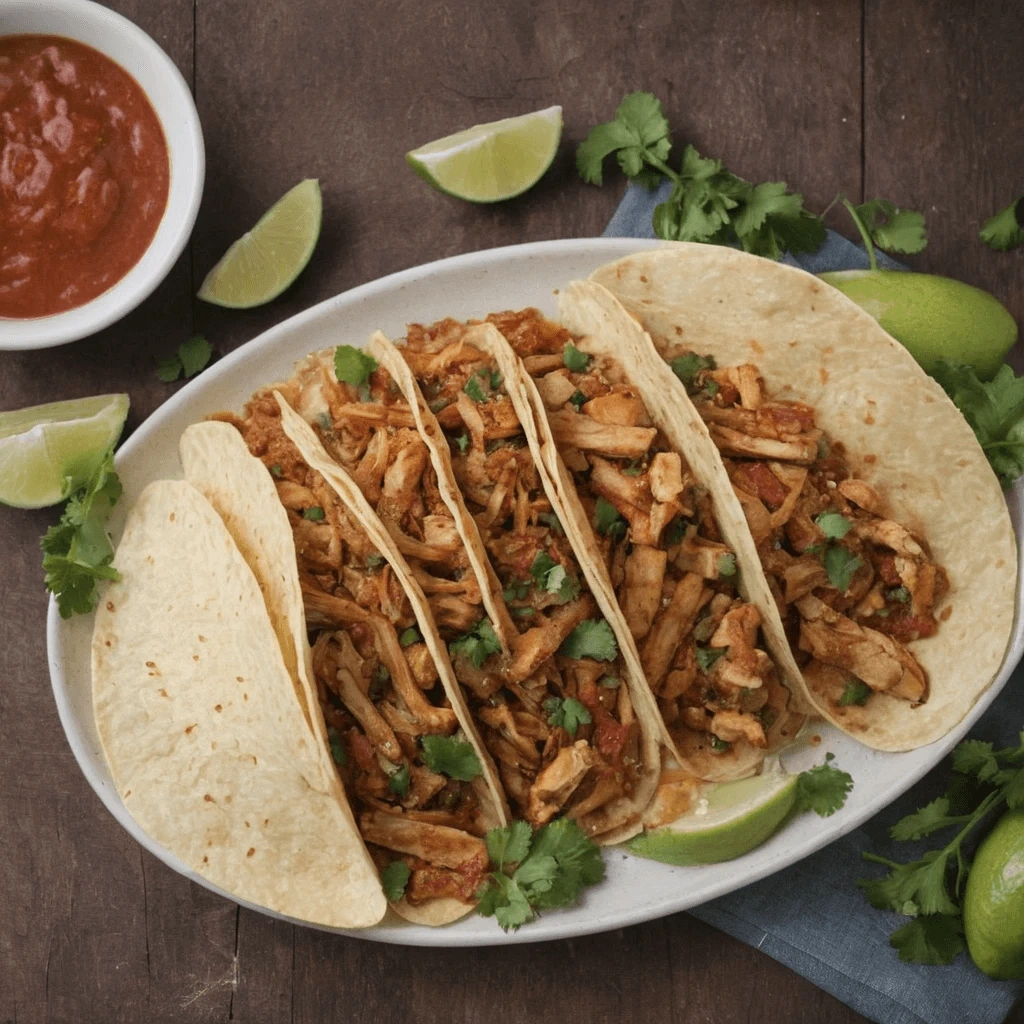 A plate of shredded chicken tacos garnished with fresh cilantro, served with lime wedges and salsa on the side.