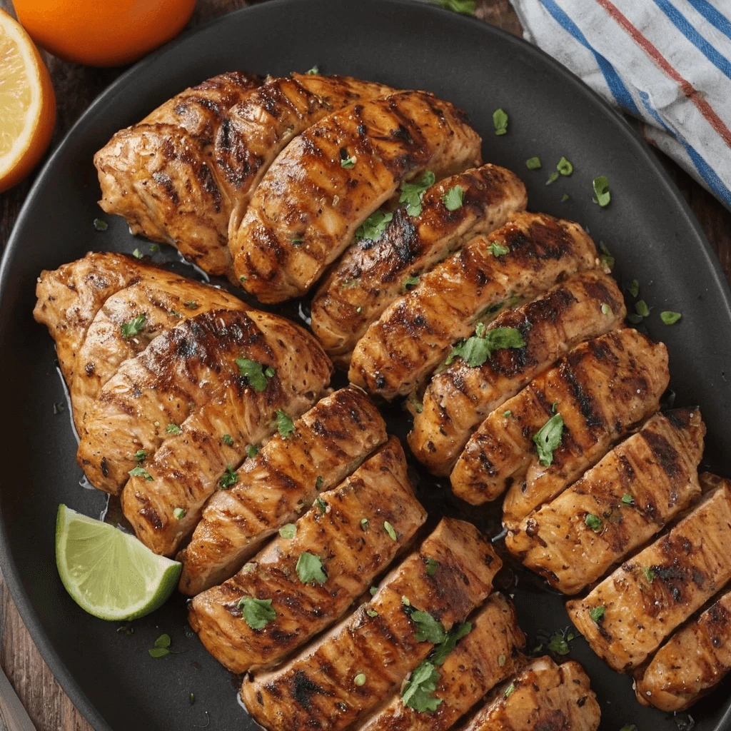 Grilled chicken breasts sliced into strips, garnished with fresh cilantro and served with lime wedges on a black plate.